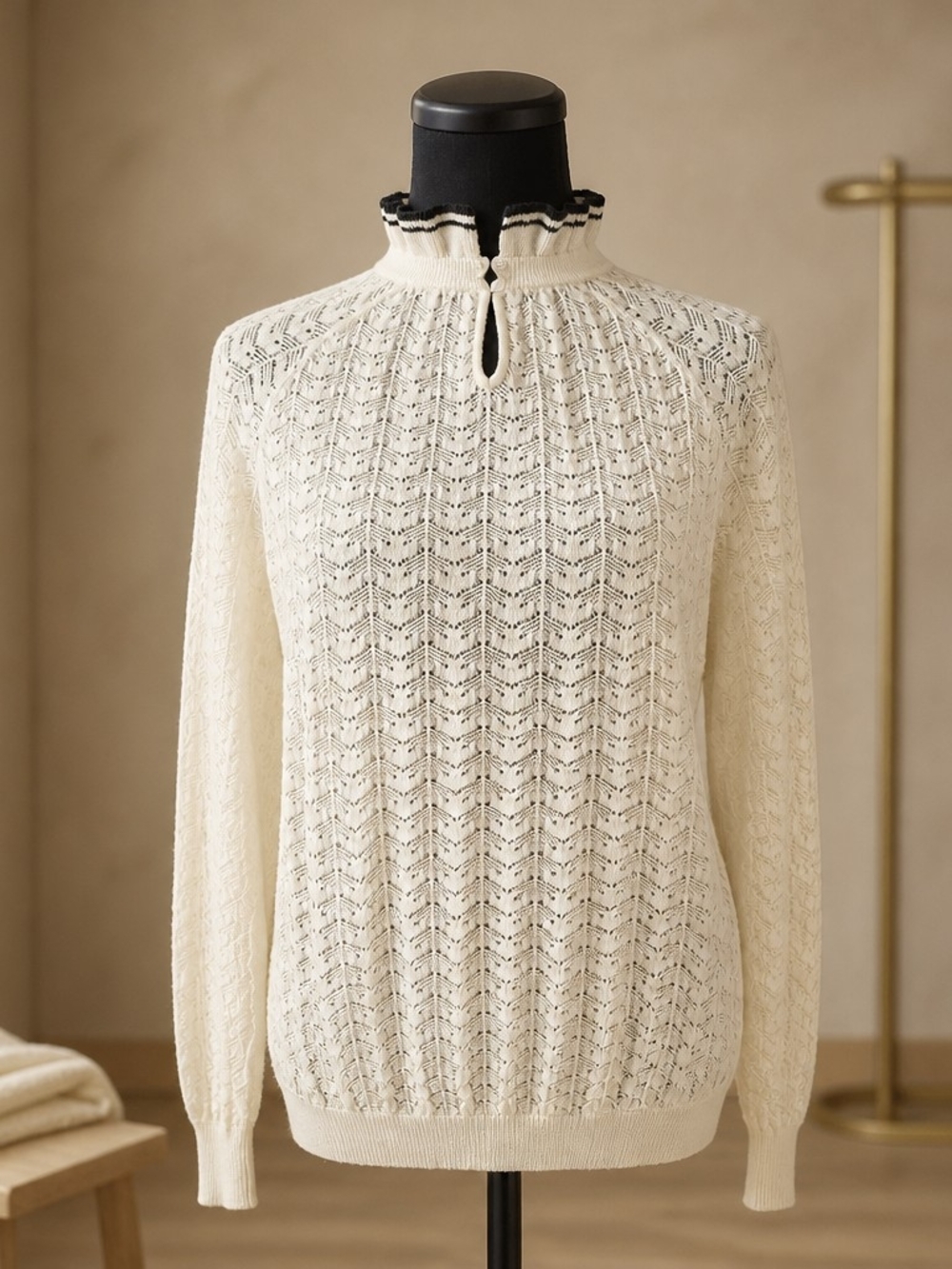 MAJE Pointelle Knit Ruffle Collar Sweater Size 2